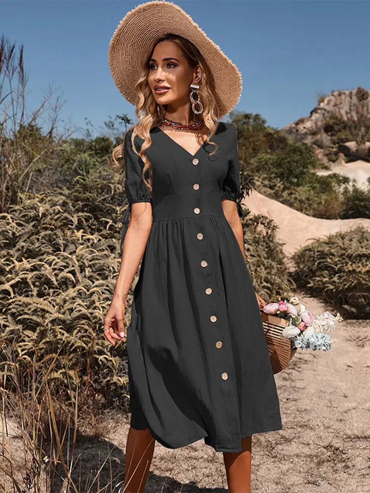 Marguerite | Puff Sleeve Button A-Line Sundress – Black