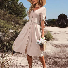 Marguerite | Puff Sleeve Button A-Line Sundress – Apricot