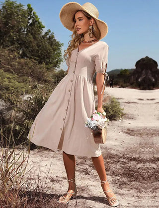 Marguerite | Puff Sleeve Button A-Line Sundress – Apricot