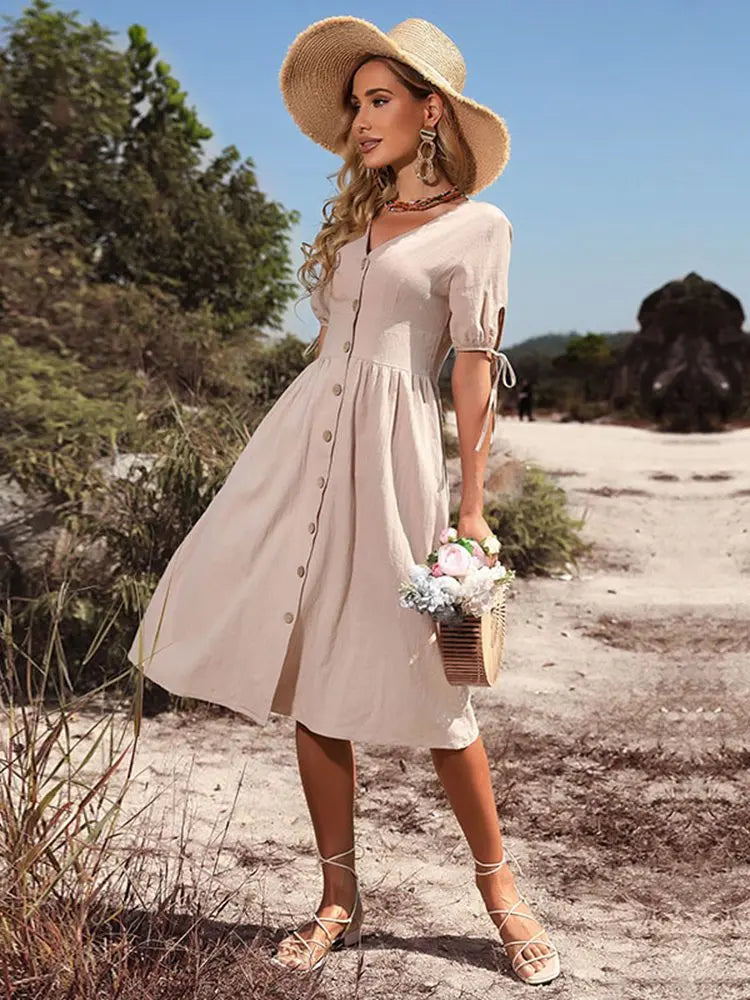 Marguerite | Puff Sleeve Button A-Line Sundress – Apricot