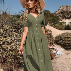 Marguerite | Puff Sleeve Button A-Line Sundress – Green