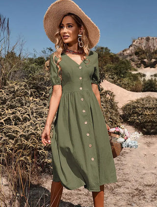 Marguerite | Puff Sleeve Button A-Line Sundress – Green