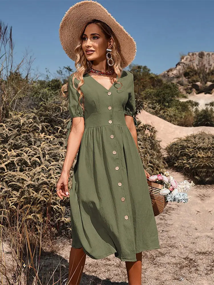 Marguerite | Puff Sleeve Button A-Line Sundress – Green
