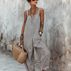 Corisande | Boho Striped Summer Jumpsuit with Ruffle Hem – Black