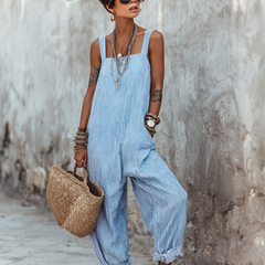 Corisande | Boho Striped Summer Jumpsuit with Ruffle Hem – Blue