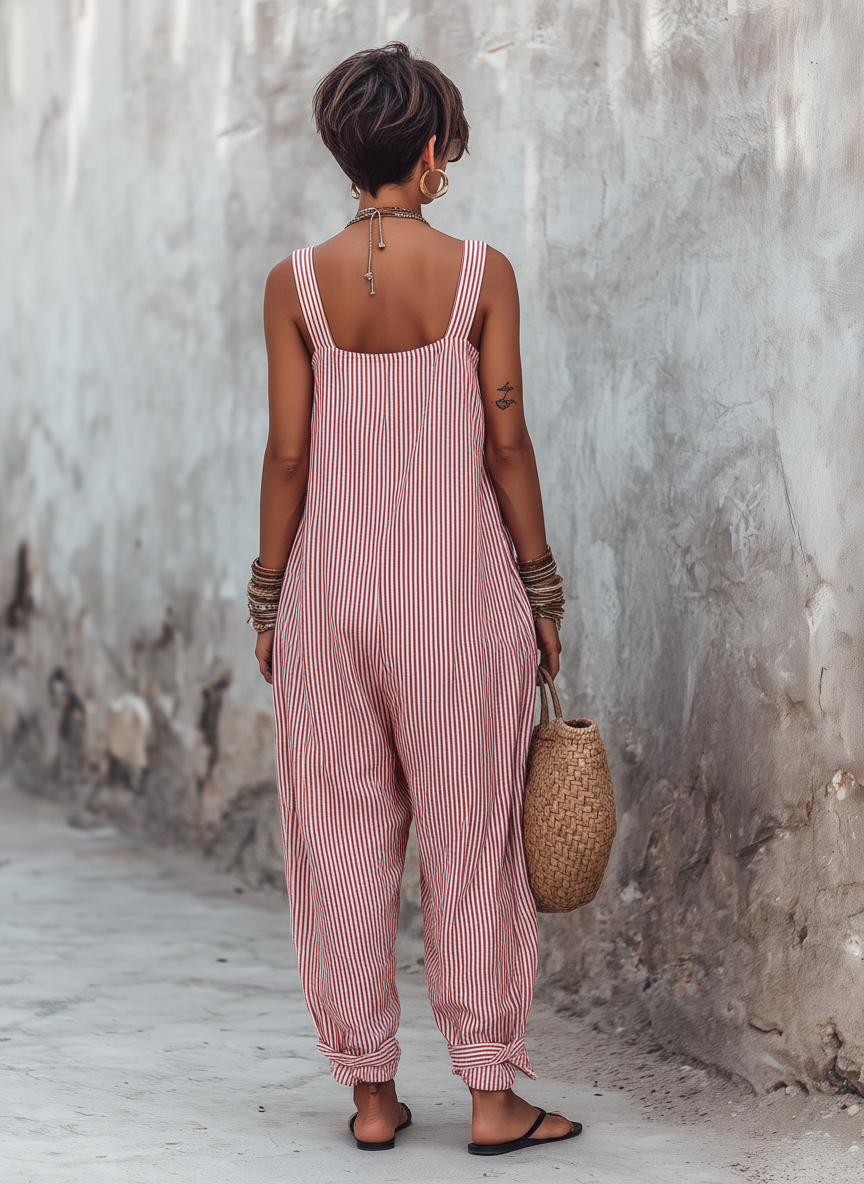 Corisande | Boho Striped Summer Jumpsuit with Ruffle Hem