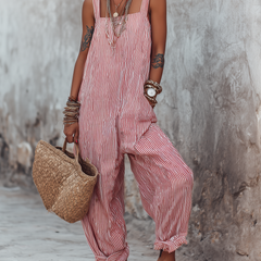 Corisande | Boho Striped Summer Jumpsuit with Ruffle Hem – Red