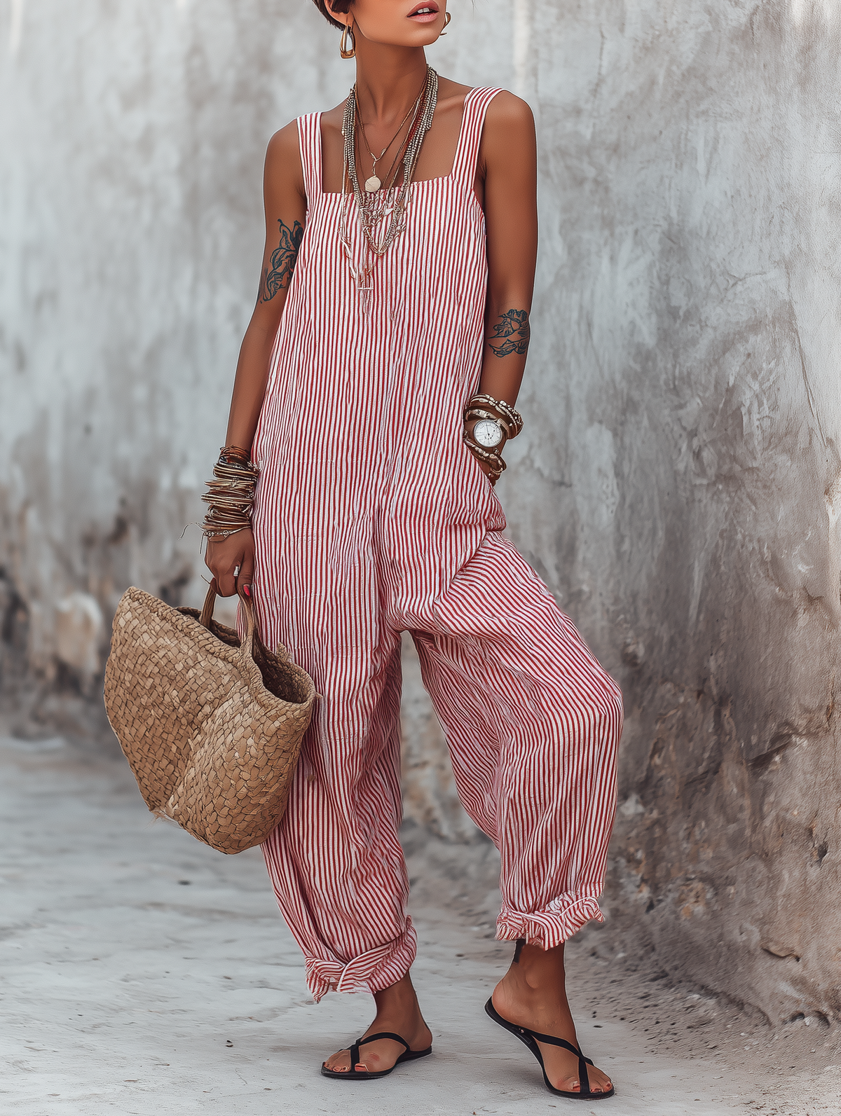 Corisande | Boho Striped Summer Jumpsuit with Ruffle Hem – Red