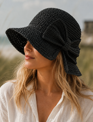 Mirren | Wide Brim Straw Hat with Oversized Bow – Black