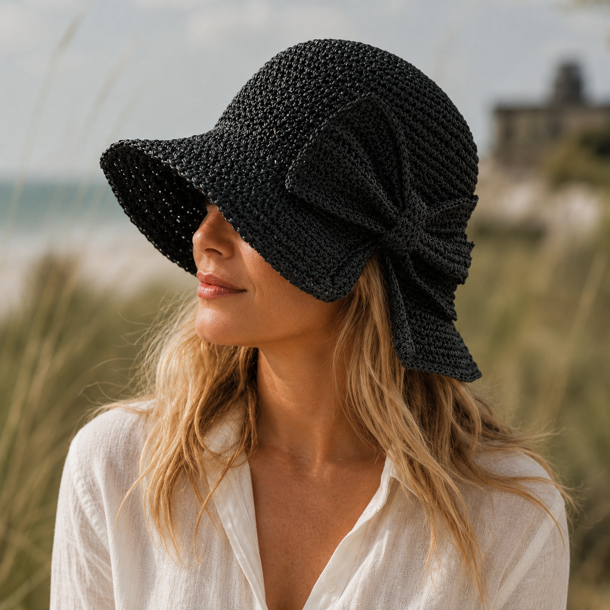 Mirren | Wide Brim Straw Hat with Oversized Bow – Black
