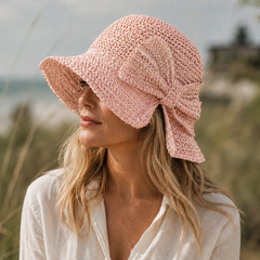 Mirren | Wide Brim Straw Hat with Oversized Bow – Pink