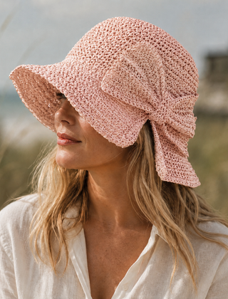 Mirren | Wide Brim Straw Hat with Oversized Bow – Pink
