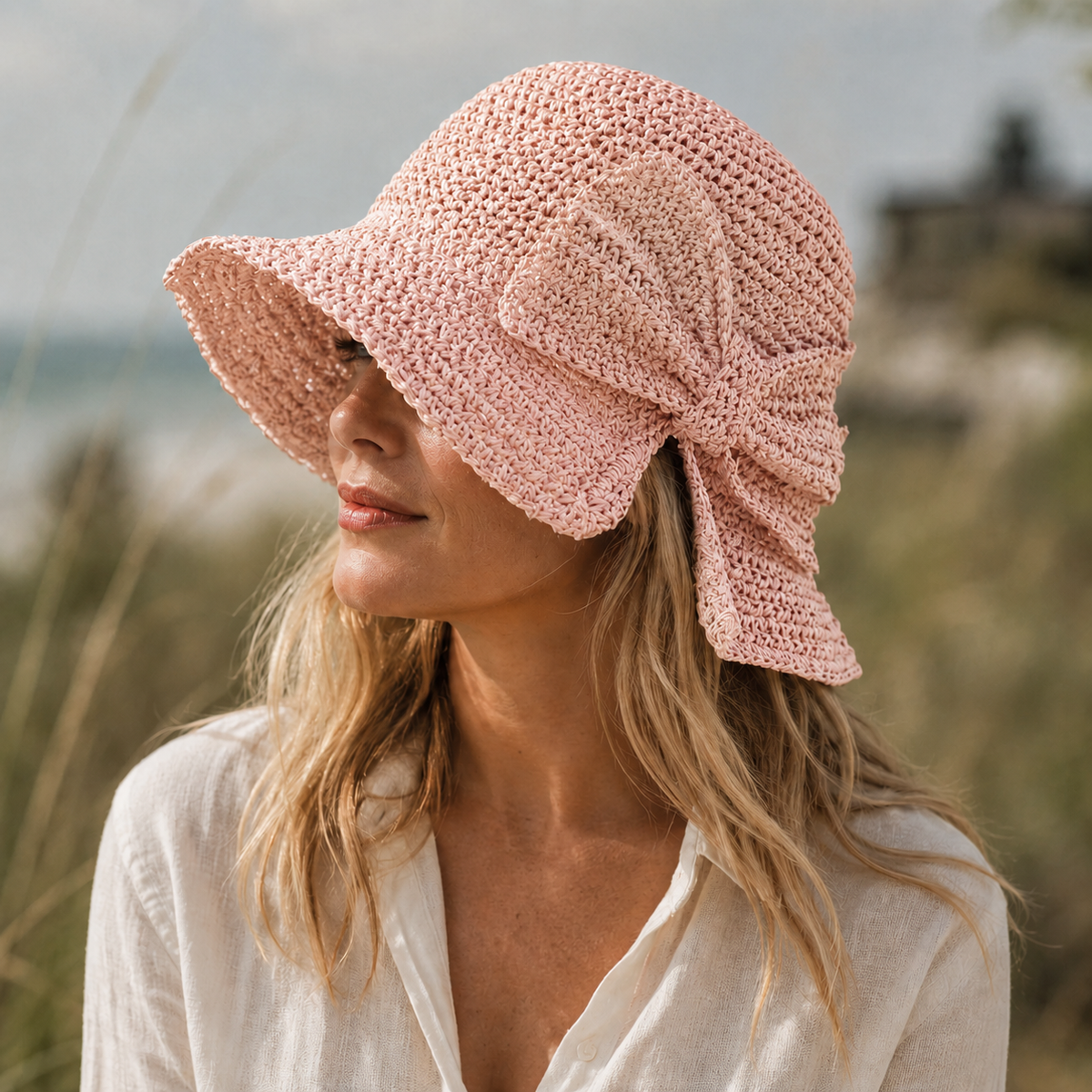 Mirren | Wide Brim Straw Hat with Oversized Bow – Pink