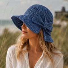 Mirren | Wide Brim Straw Hat with Oversized Bow – Blue