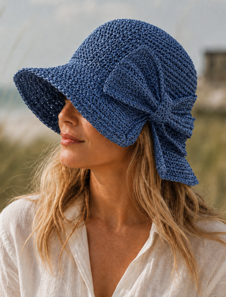 Mirren | Wide Brim Straw Hat with Oversized Bow – Blue