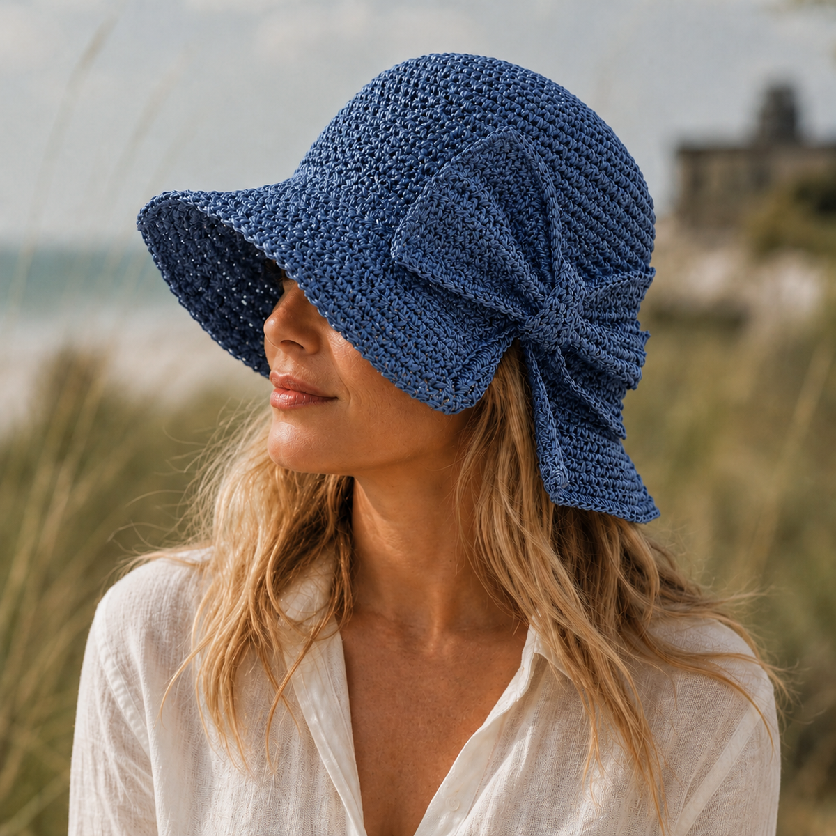 Mirren | Wide Brim Straw Hat with Oversized Bow – Blue