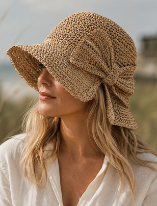 Mirren | Wide Brim Straw Hat with Oversized Bow – Brown