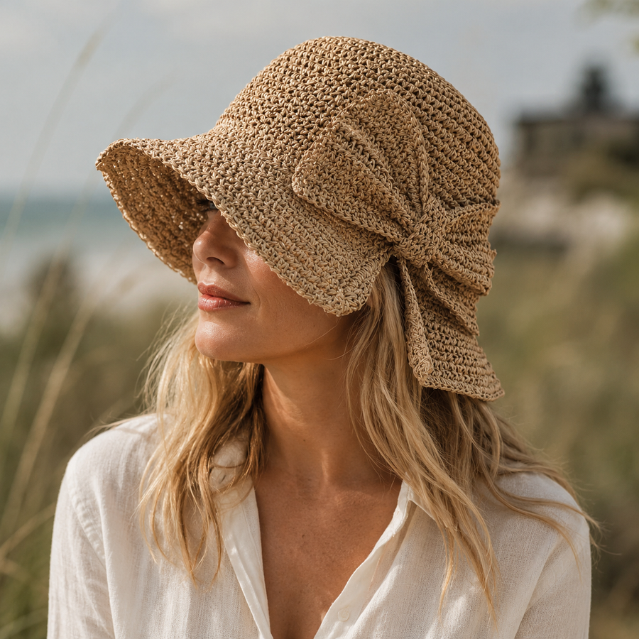 Mirren | Wide Brim Straw Hat with Oversized Bow – Brown