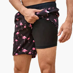 Ollie | Men's Tropical Print Beach Shorts with Liner – Black Flamingo