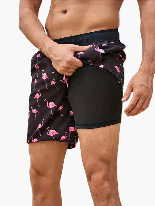 Ollie | Men's Tropical Print Beach Shorts with Liner – Black Flamingo