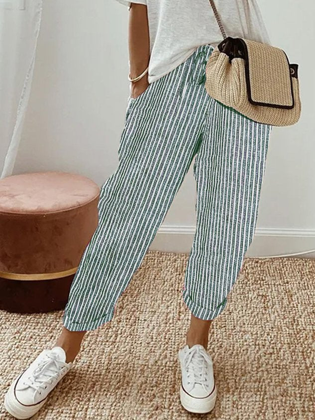 Elsie | Women's Flowing Pants with Elastic Waist – Green Stripe