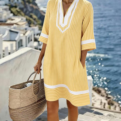 Anouk | Short Sleeve Striped Dress with V-Neck – Yellow