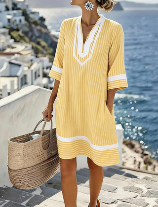 Anouk | Short Sleeve Striped Dress with V-Neck – Yellow