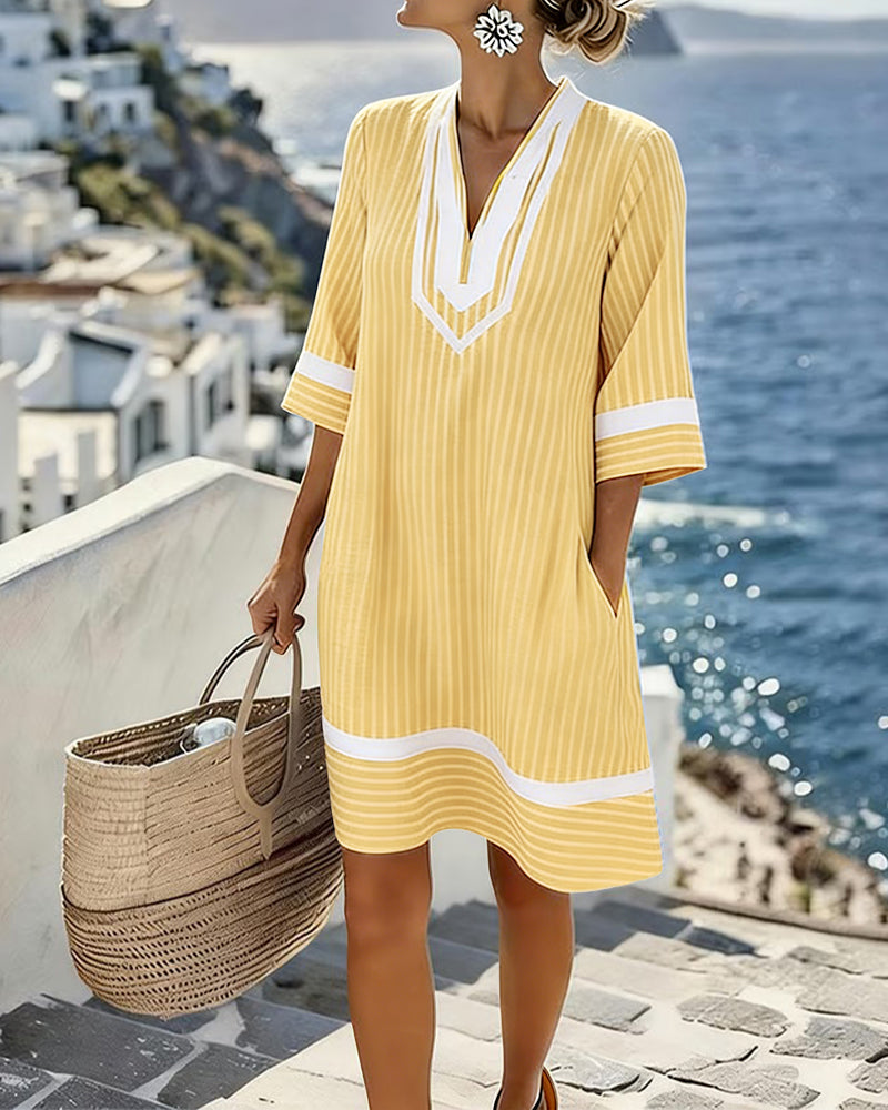 Anouk | Short Sleeve Striped Dress with V-Neck – Yellow