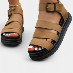 Bess | Multi Strap Platform Sandals with Ankle Buckle – Khaki