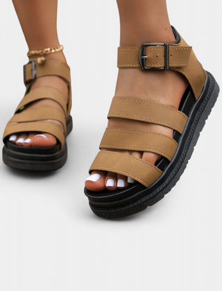Bess | Multi Strap Platform Sandals with Ankle Buckle – Khaki