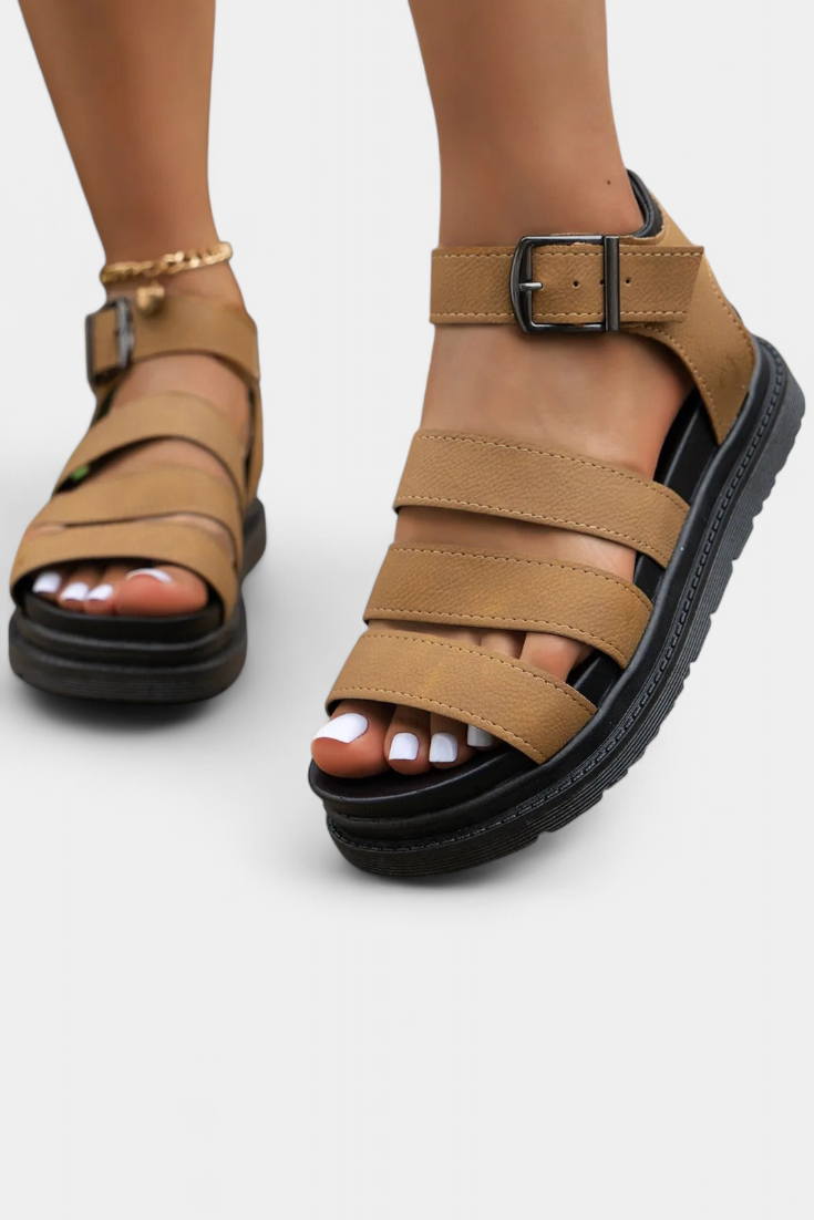 Bess | Multi Strap Platform Sandals with Ankle Buckle – Khaki