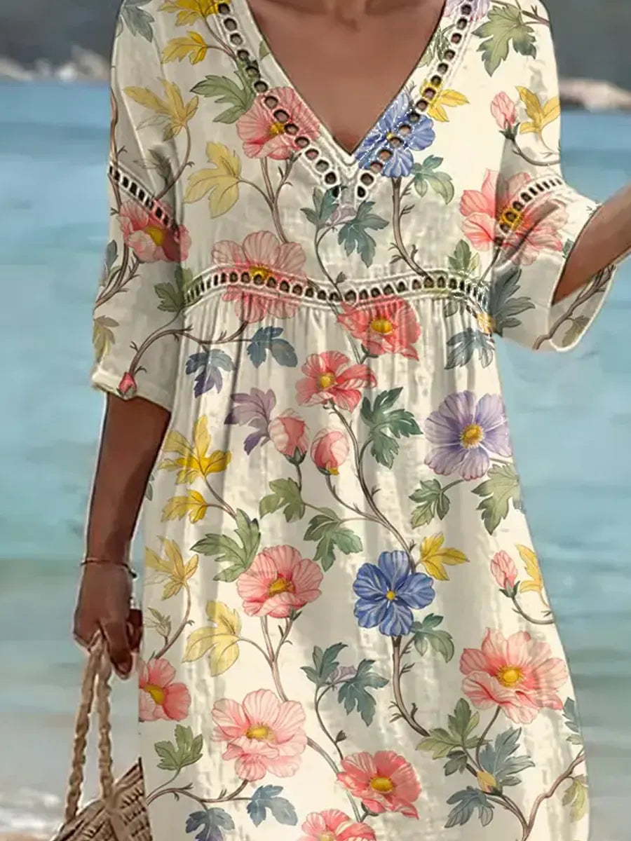 Tansy | V-Neck Floral Linen Midi Dress