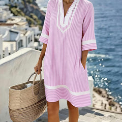 Anouk | Short Sleeve Striped Dress with V-Neck – Pink