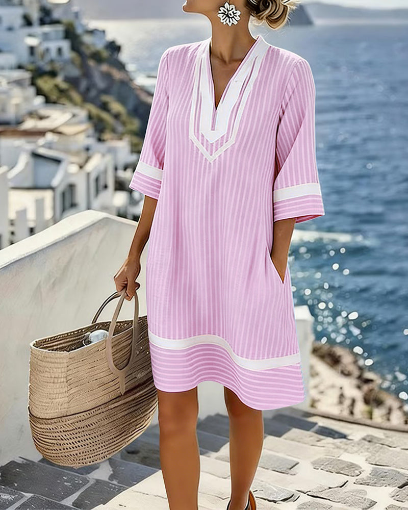 Anouk | Short Sleeve Striped Dress with V-Neck – Pink