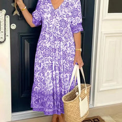 Henrietta | Floral A-Line Dress with Deep V-Neck – Purple