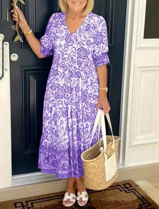 Henrietta | Floral A-Line Dress with Deep V-Neck – Purple