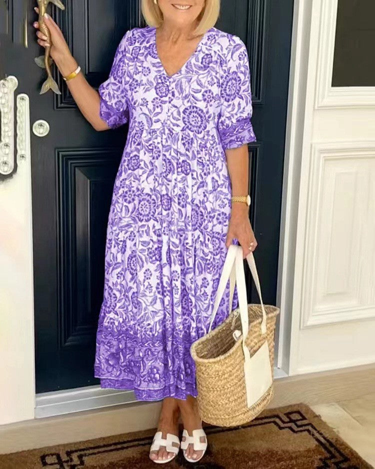 Henrietta | Floral A-Line Dress with Deep V-Neck – Purple