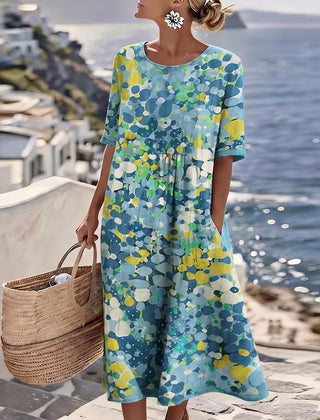 Mirabel | Floral Print Linen Midi Dress – Blue