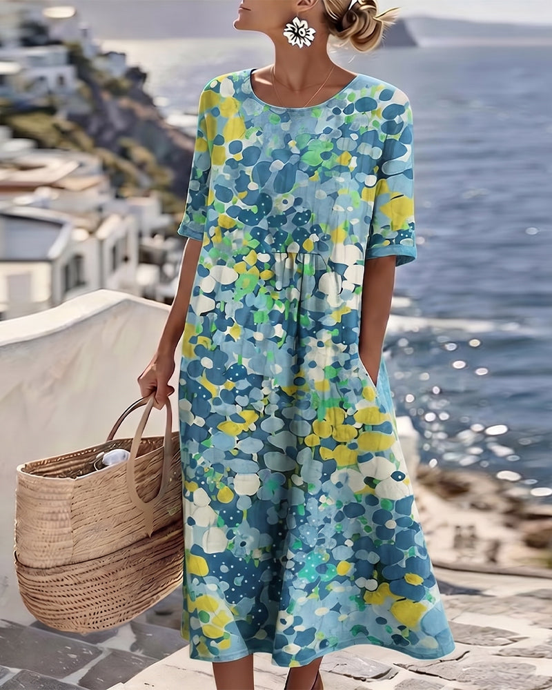Mirabel | Floral Print Linen Midi Dress – Blue