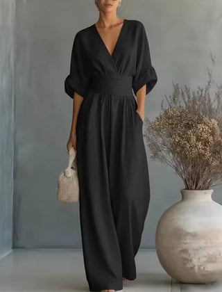 Severine | Women's Deep V-Neck Wide Leg Jumpsuit with Pockets – Black