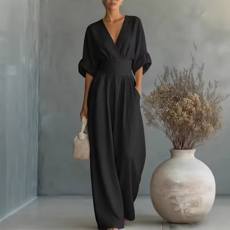 Severine | Women's Deep V-Neck Wide Leg Jumpsuit with Pockets – Black