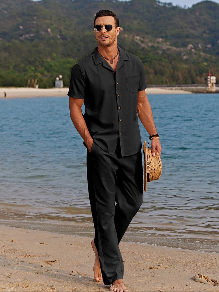 Forrest | Camp Collar Shirt and Trouser Set – Black