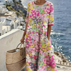 Mirabel | Floral Print Linen Midi Dress – Pink