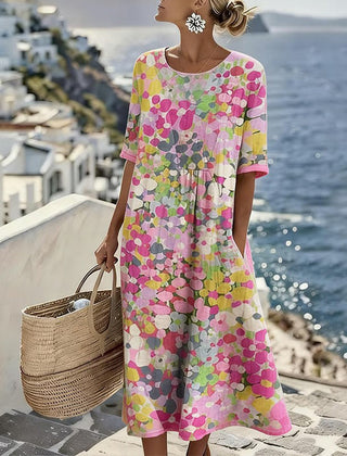 Mirabel | Floral Print Linen Midi Dress – Pink