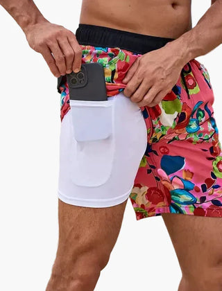 Ollie | Men's Tropical Print Beach Shorts with Liner – Crimson Leaf