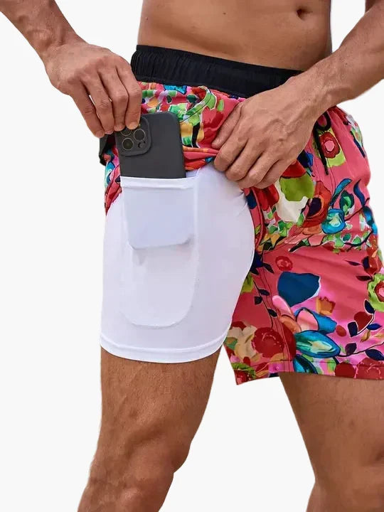 Ollie | Men's Tropical Print Beach Shorts with Liner – Crimson Leaf