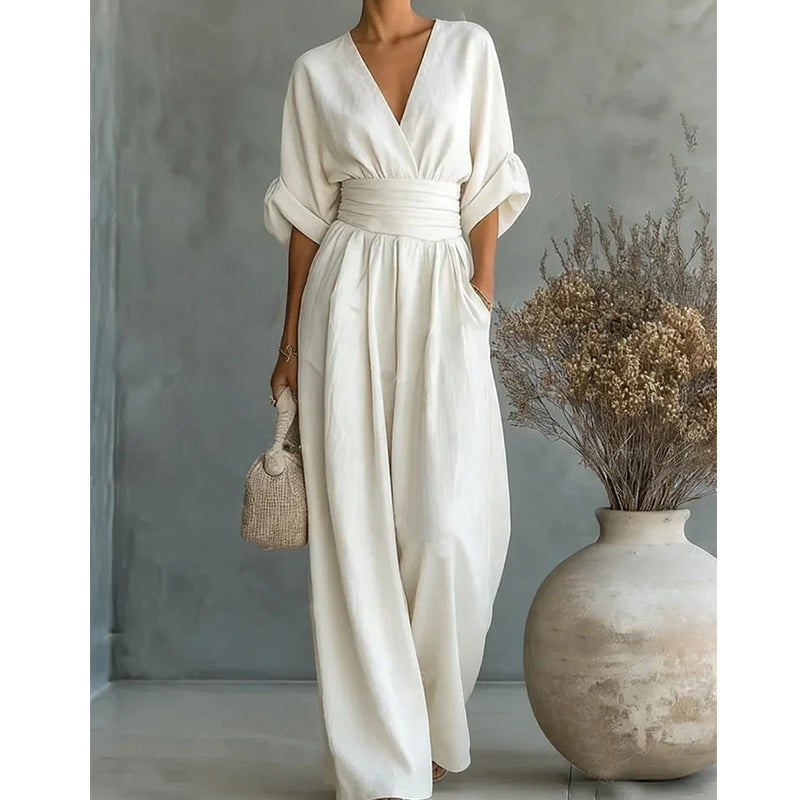 Ilaria | Women's V-Neck Wide Leg Jumpsuit with High Waist