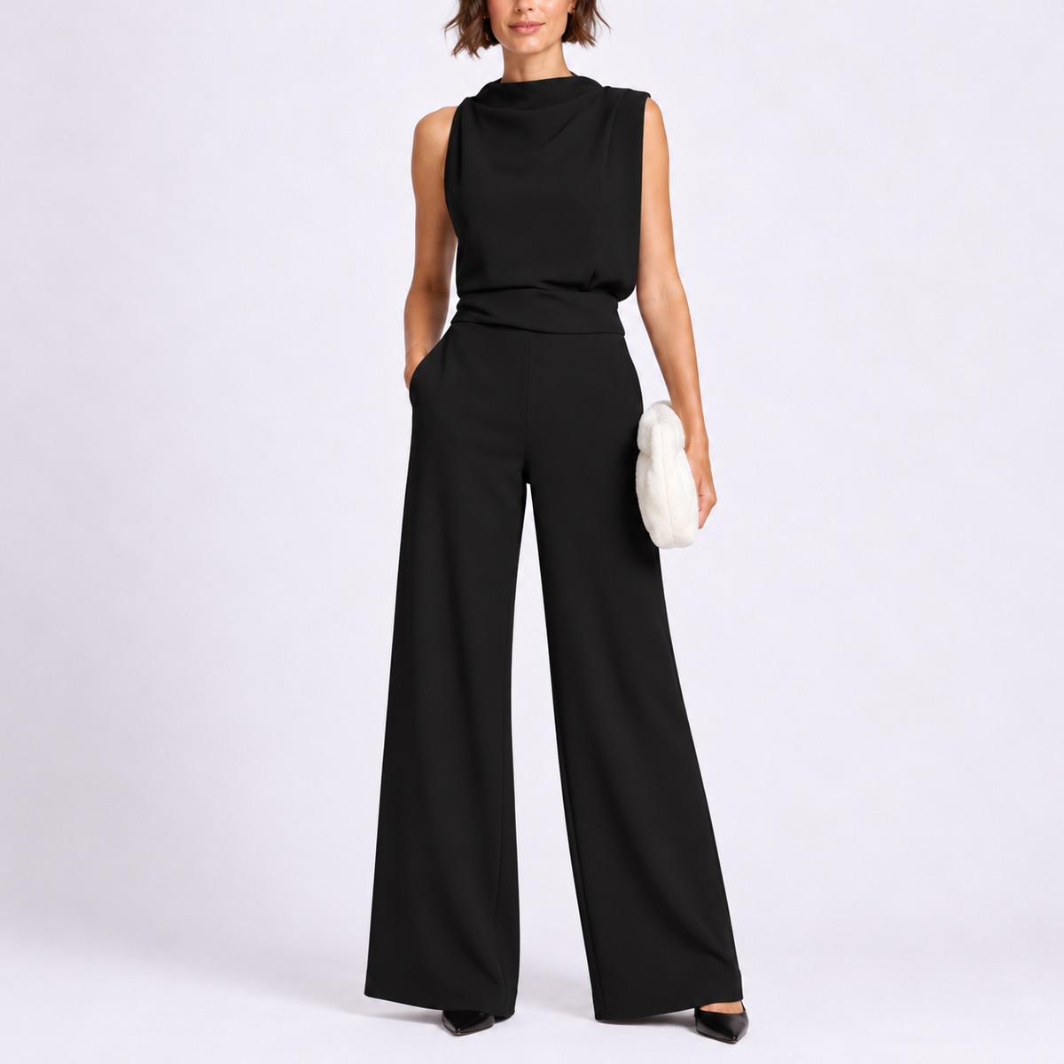 Rosalba | Sleeveless High Neck Jumpsuit with Wide Legs – Black