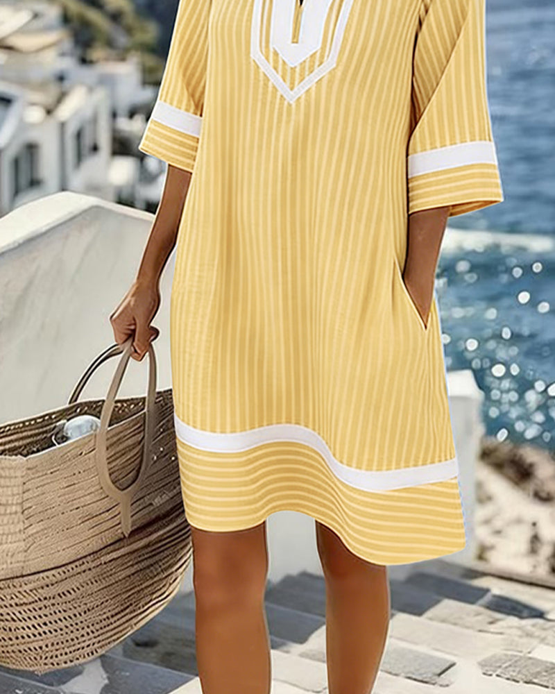 Anouk | Short Sleeve Striped Dress with V-Neck