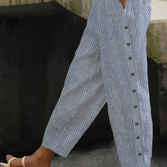 Romy | Striped Pants with Button Detail – Blue